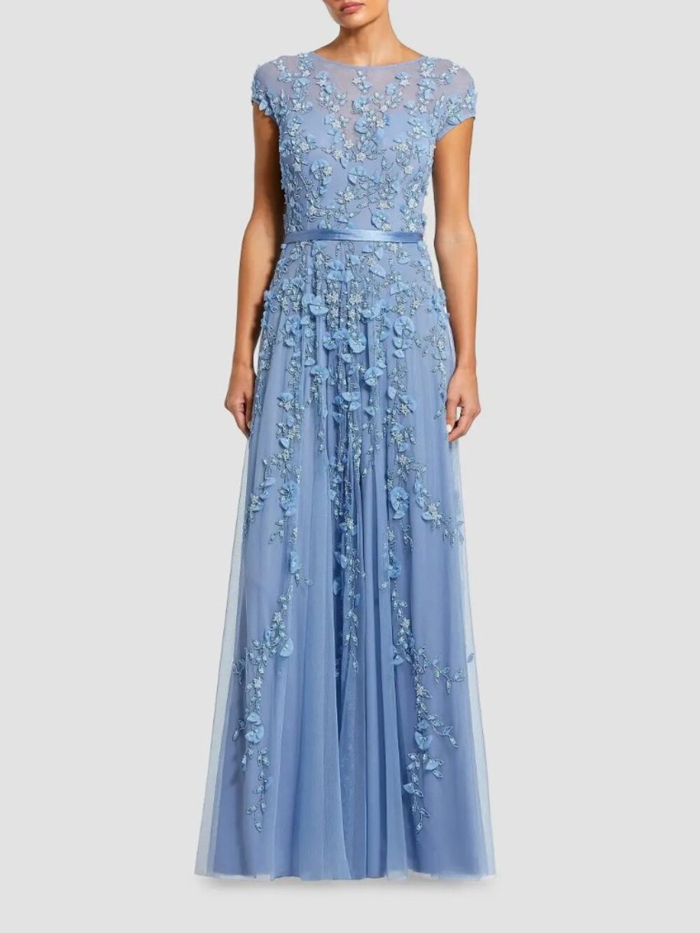 Mac Duggal Light Blue Embroidered Tulle Maxi Dress